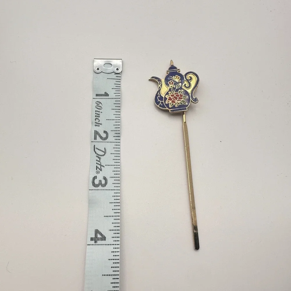 Vintage 90s Cloisonne Teapot‎ Hair Sticks Gold Tone Blue Enamel Women's Jewelry
